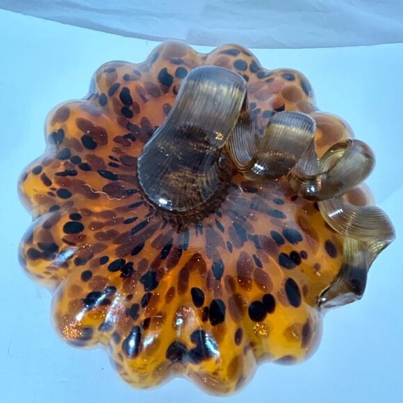 Hand Blown Orange Brown Glass Pumpkin Long Stem Autumn 9" X 7" Thanksgiving - Picture 3 of 13